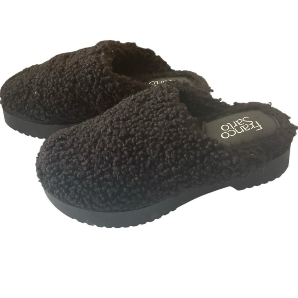 Franco Sarto Black Shearling Mules Size 7.5 Lug Sole Slip On